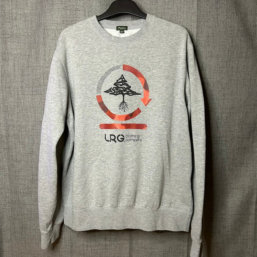 LRG Lifted Research Group Gray Red Logo Fleece Crewneck Sweatshirt Men's Medium